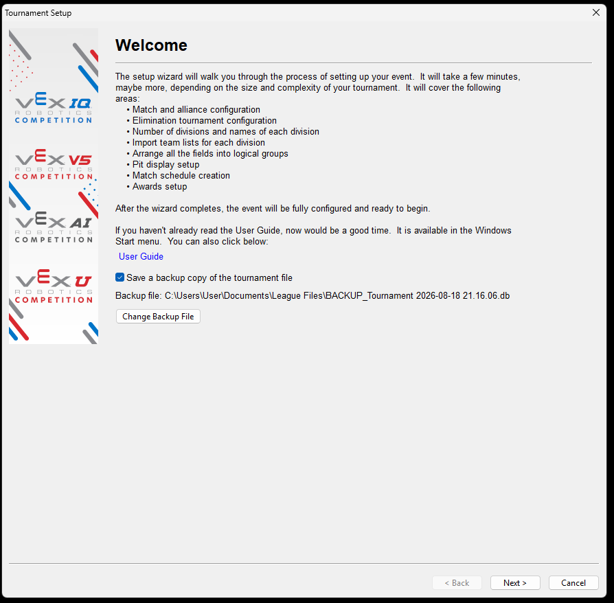 A Tournament Manager setup wizard screen showing settings carried over from the previous session.