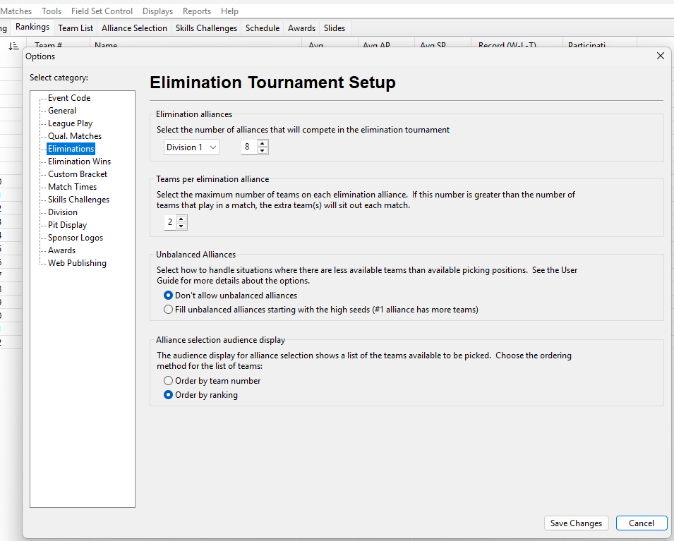The Finals options screen showing the number of teams and alliances.