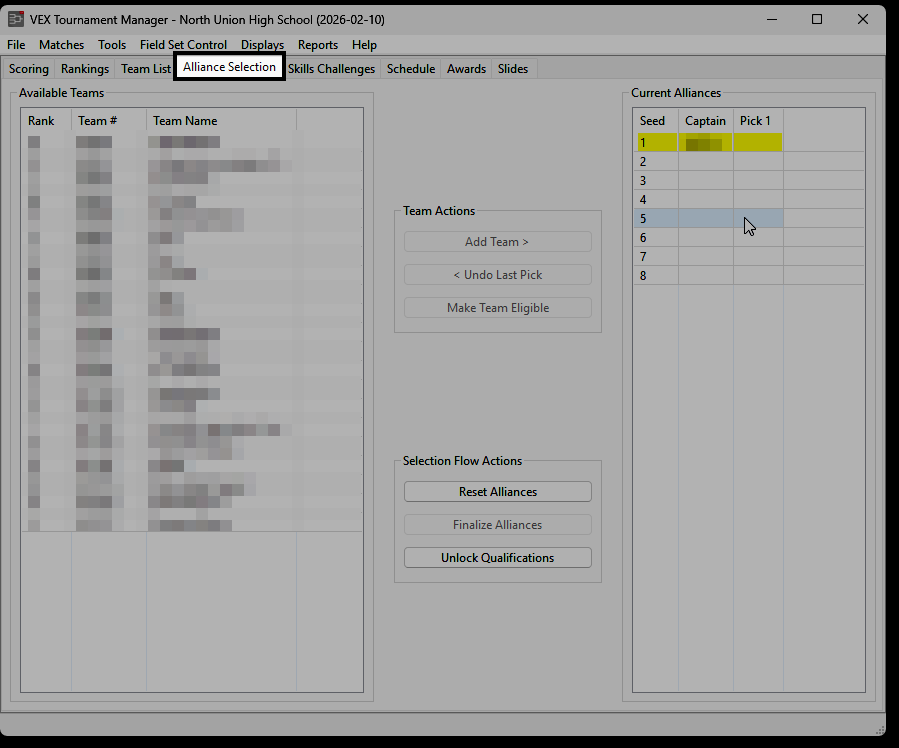 The Alliance Selection tab with Seed 1 automatically populated with the first selecting team.