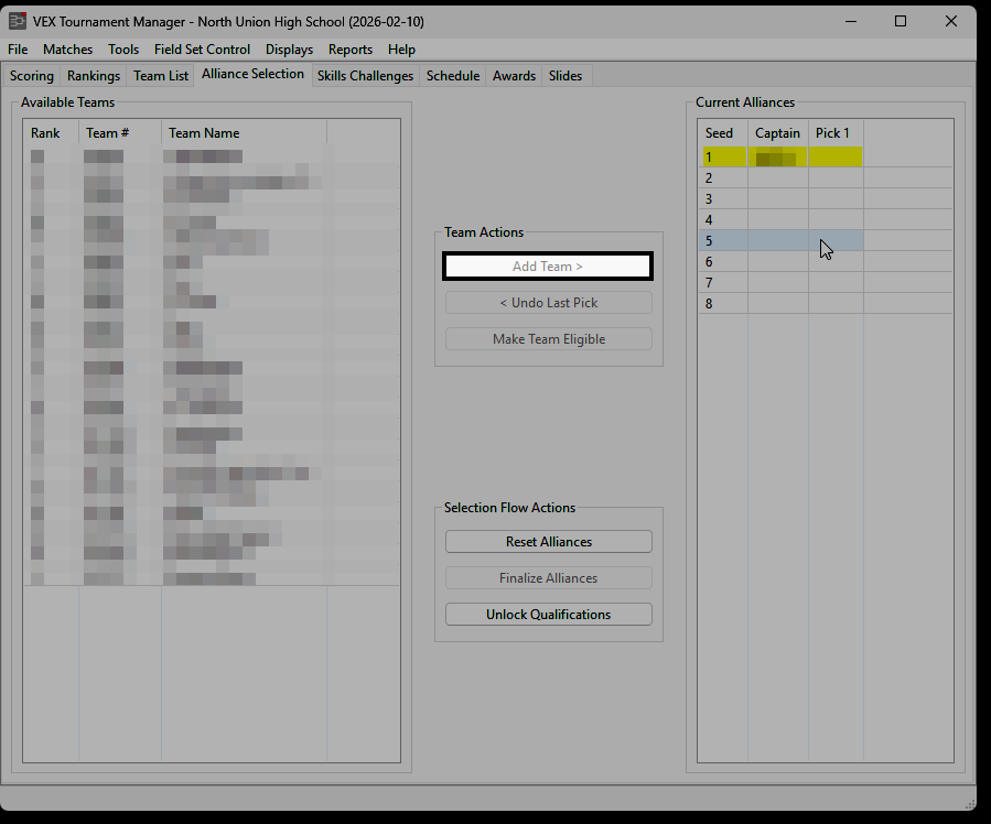 The Alliance Selection tab with a team selected and the Add Team button highlighted.