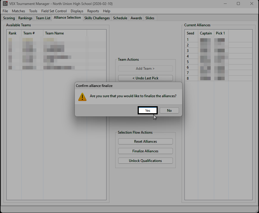 A confirmation dialog with Yes highlighted to finalize the alliances.