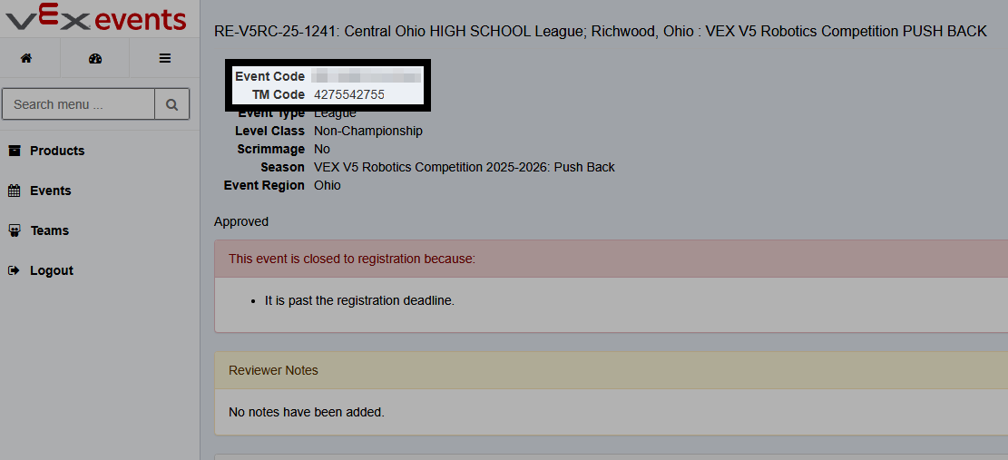 The event's details page showing the Event Code and Tournament Manager Code fields.