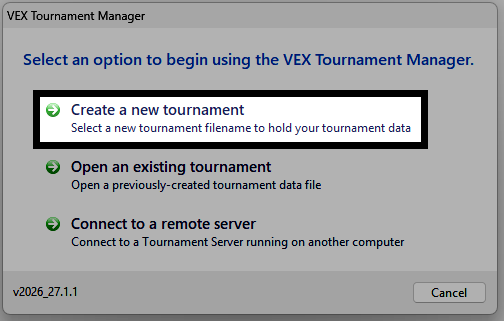 The Tournament Manager start screen with Create a New Tournament highlighted.