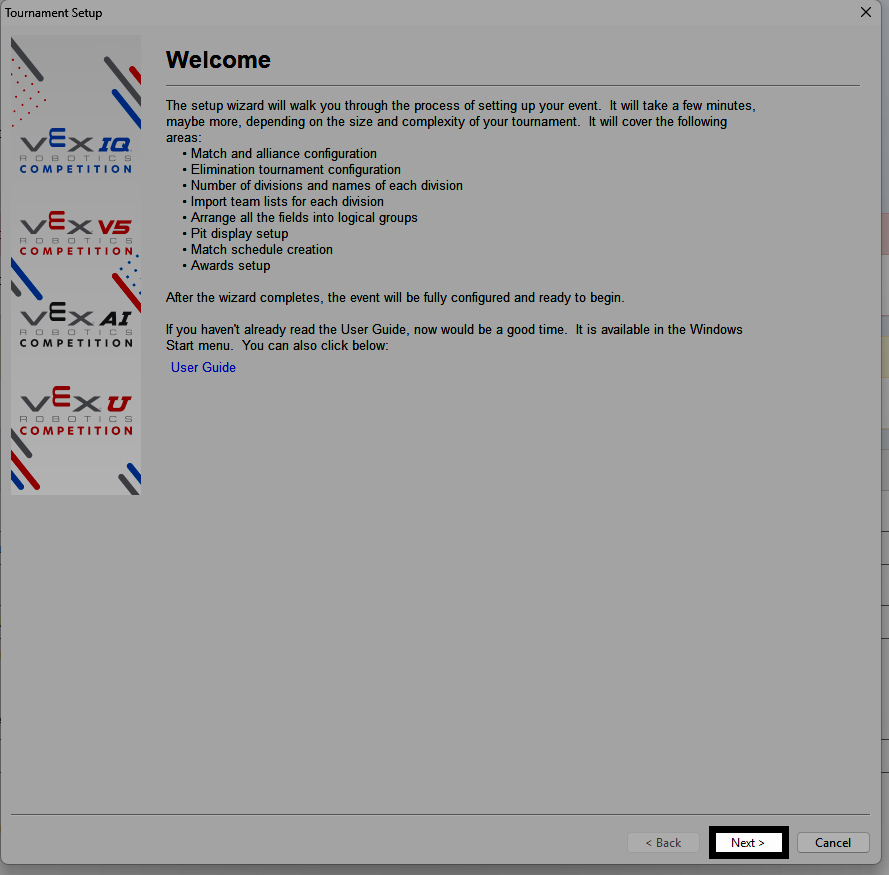 The Tournament Manager wizard's welcome screen with the Next button highlighted.