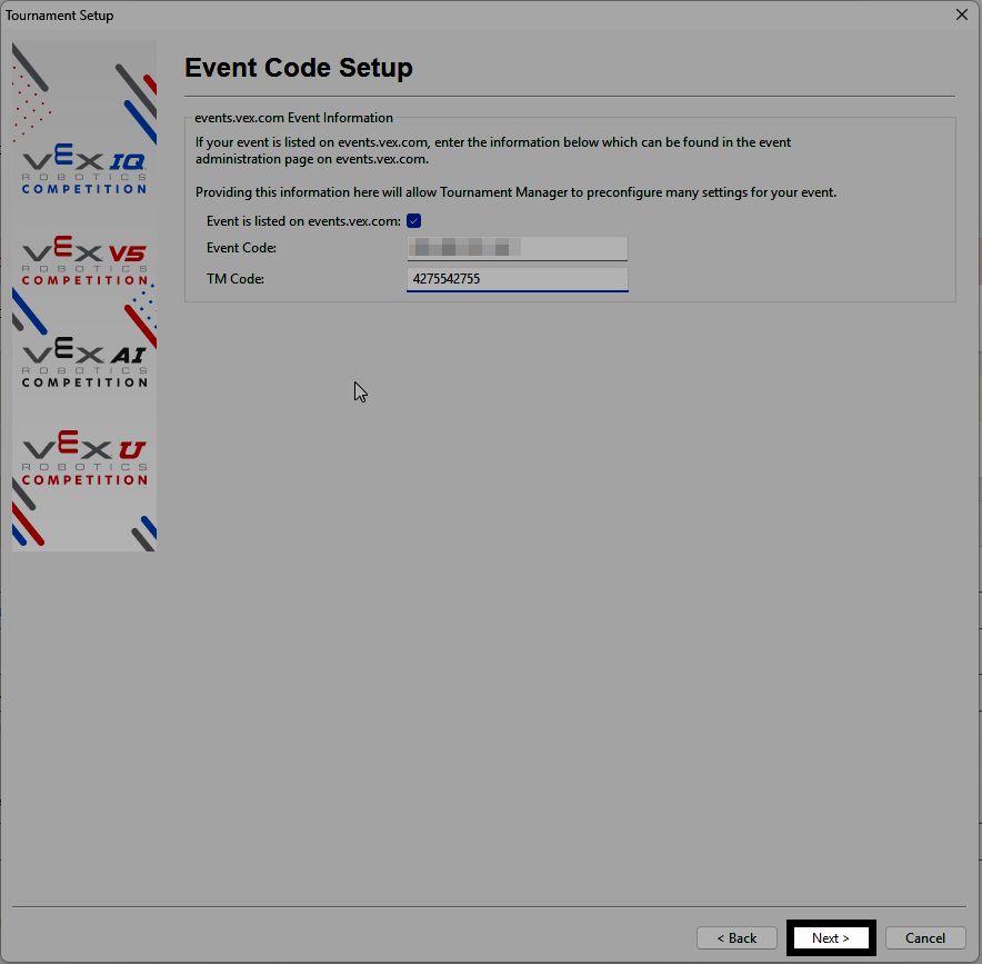 The completed Event Code Setup screen with the Next button highlighted.