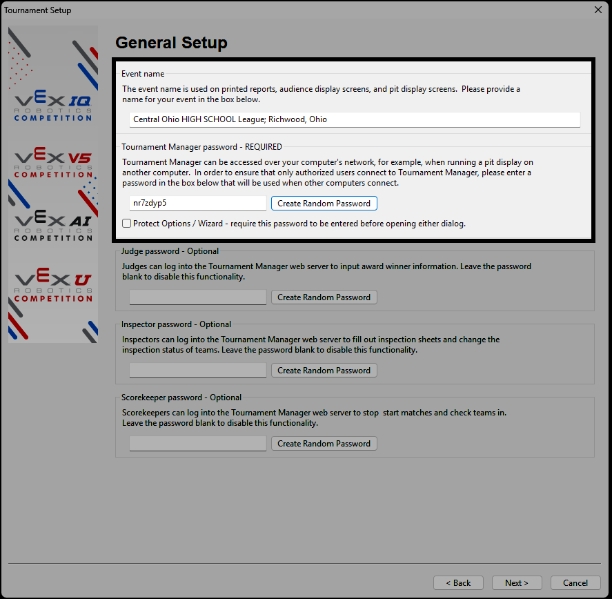 The General Setup screen showing the Event Name field and password field.