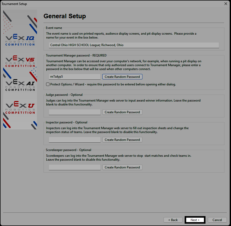 The General Setup screen with the Next button highlighted.