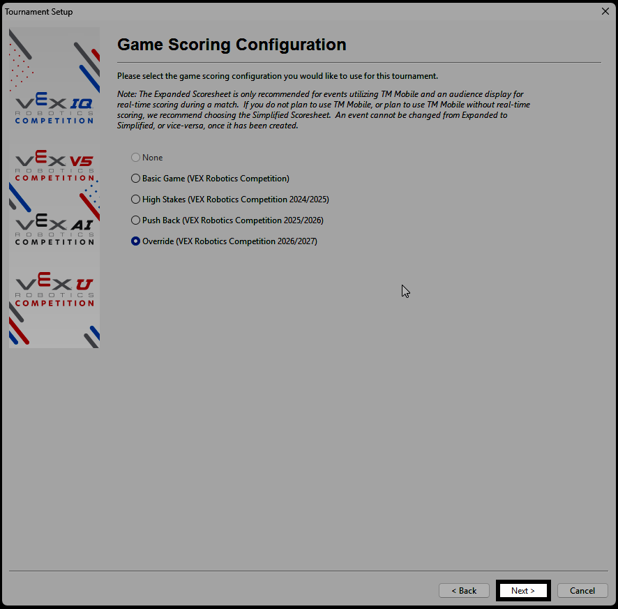 The Game Scoring Configuration screen with the current game selected and the Next button highlighted.