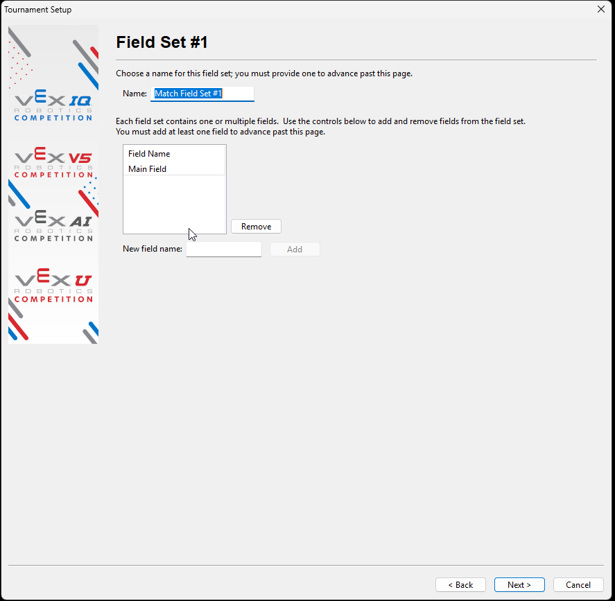 The Field Set screen for adding the fields available at the event.