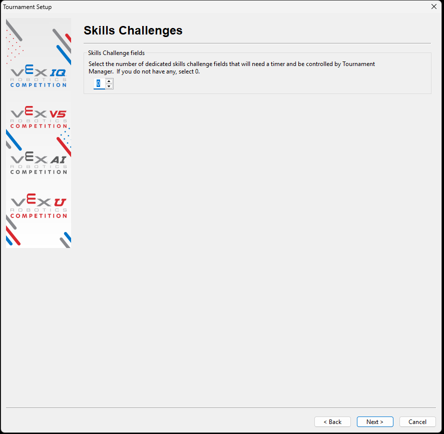 The Skills Challenges screen for entering the number of Skills Challenge fields.