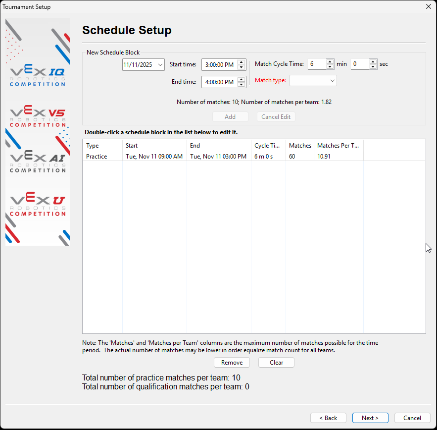 The Schedule Setup screen for adjusting the match schedule.
