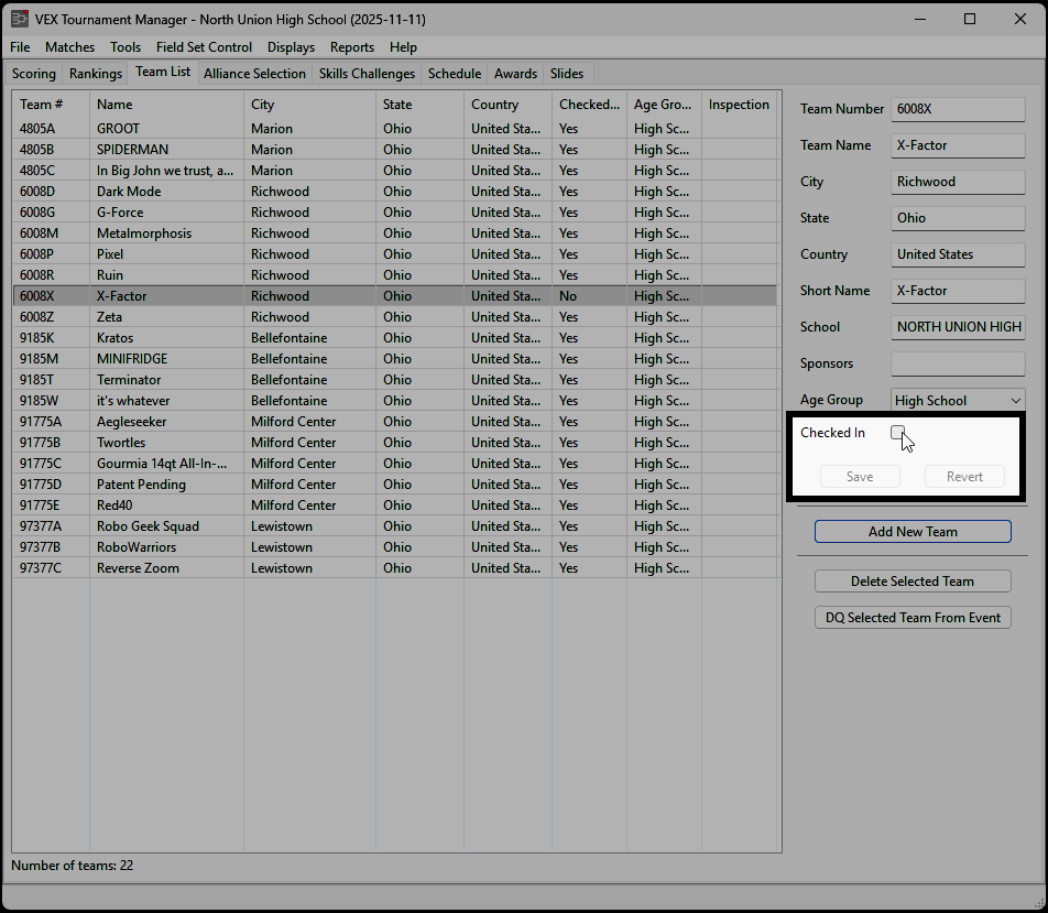 The Team List tab with a team's Checked In box unselected.