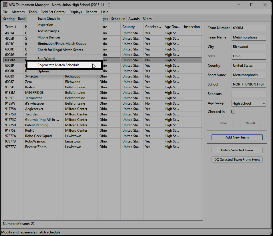 The Tools menu with Regenerate Match Schedule selected and the wizard's welcome screen.