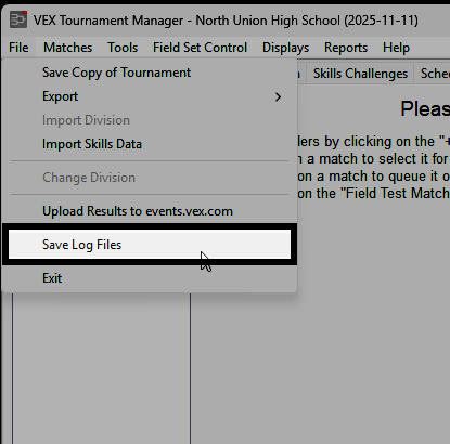 The File menu showing options to save log files or export event data.