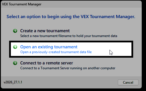 The Tournament Manager start screen with Open an existing tournament highlighted.