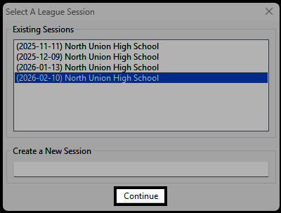 A pop-up list of league sessions with the Finals session and the Continue button highlighted.