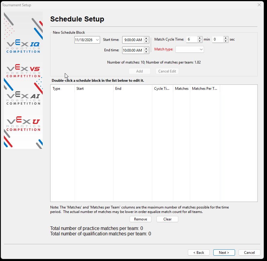 The Schedule Setup screen for the Finals Session with no qualification matches created.