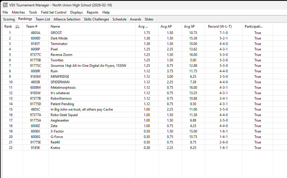 The Rankings tab showing the qualification rankings for the league.