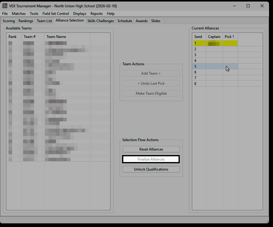 The Alliance Selection tab with the next seed populated and the Finalize Alliances button highlighted.