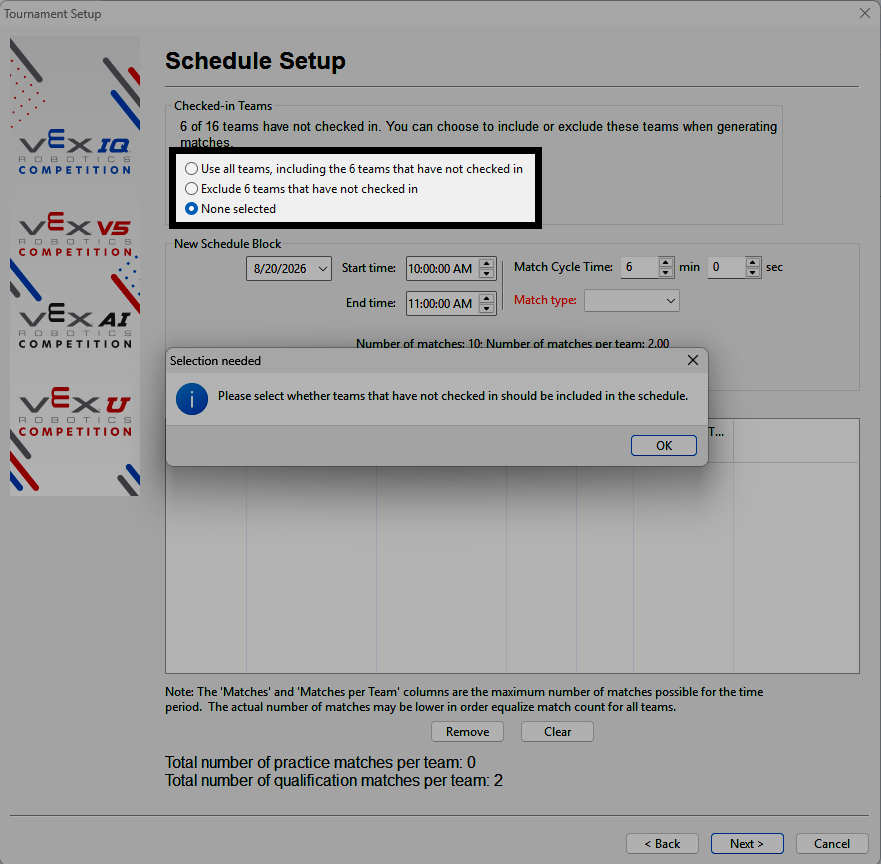 The Checked In Teams screen with Exclude any teams that have not checked in selected.
