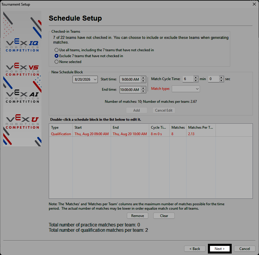 The Create Qualification Matches screen with the Finish button highlighted.