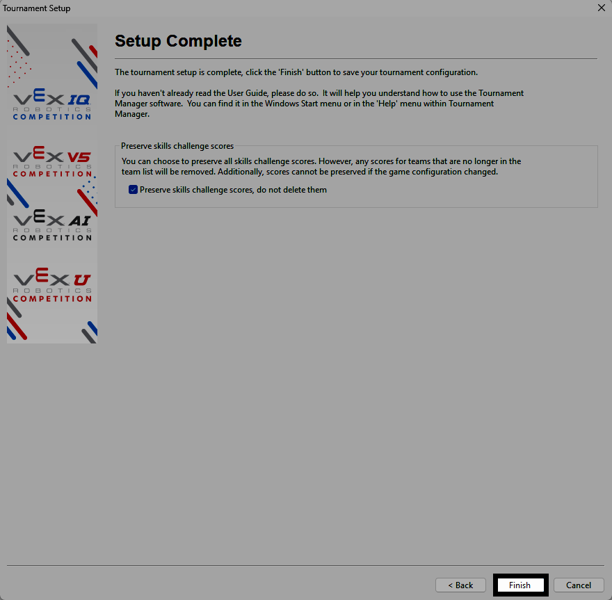 The Setup Complete screen with the Preserve skills challenge scores checkbox selected.