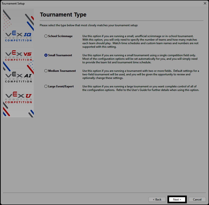 The Tournament Type screen showing Small, Medium, and Large options.