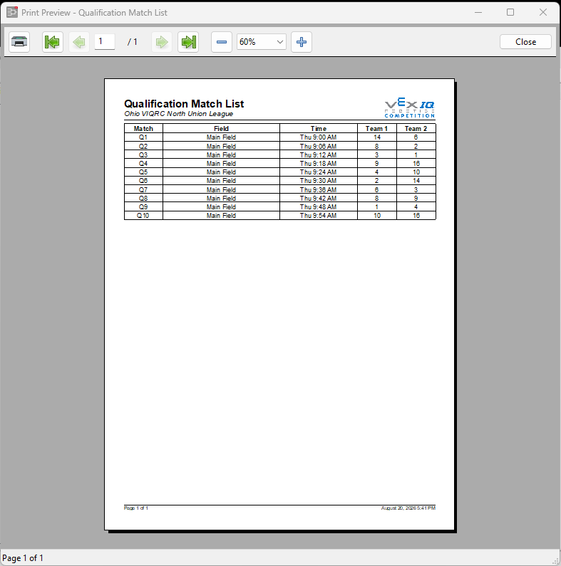The Finals Match List and Announcer Sheets print screen.