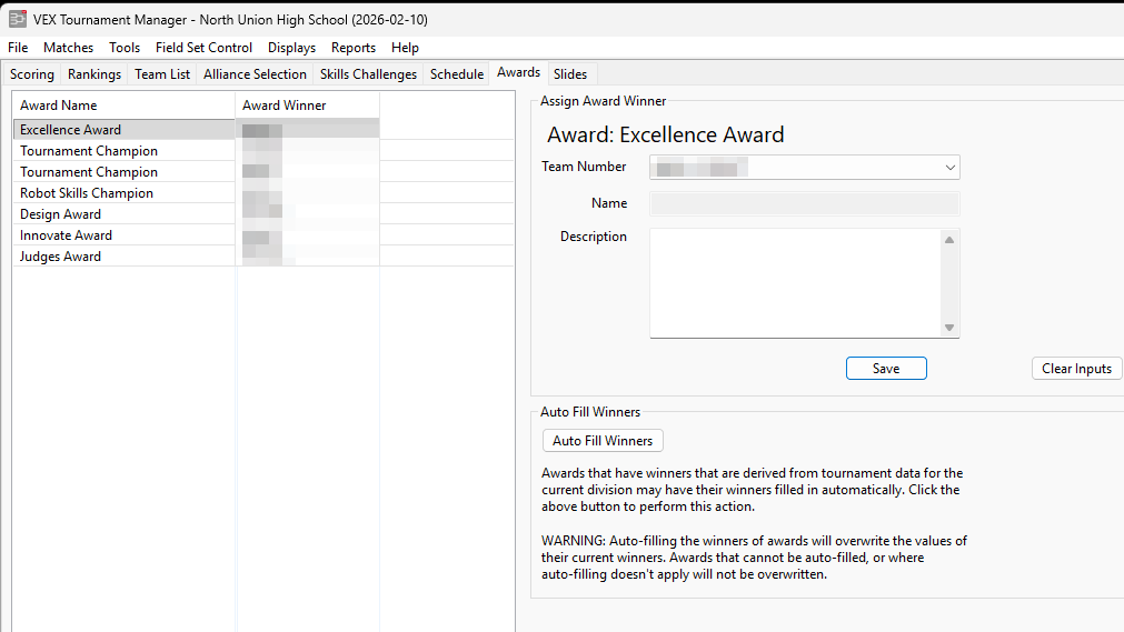 The Awards tab with judged award winners entered.