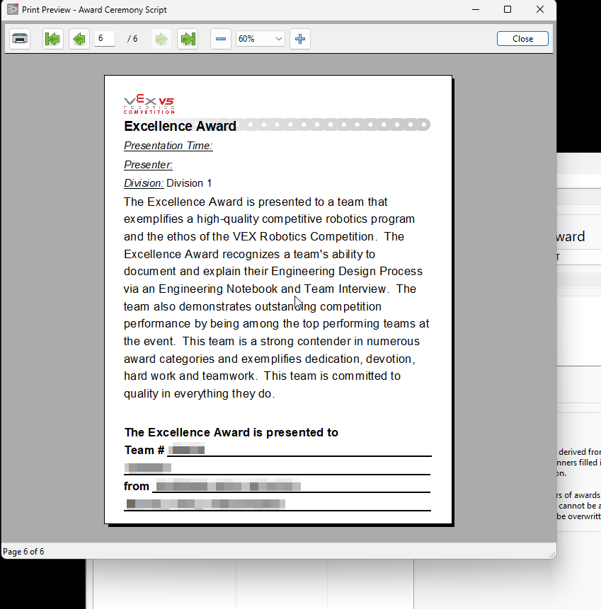 The Awards tab with Auto Fill Winners selected and the Excellence Award shown last.