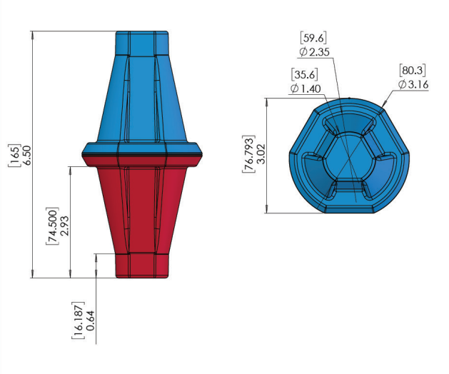 CAD diagram of a robot component with annotated dimension callouts in millimeters and inches.
