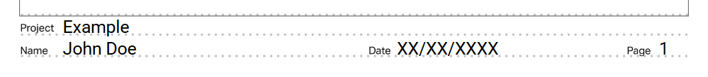 Notebook entry header showing labeled fields for Project, Name, Date, and Page number.