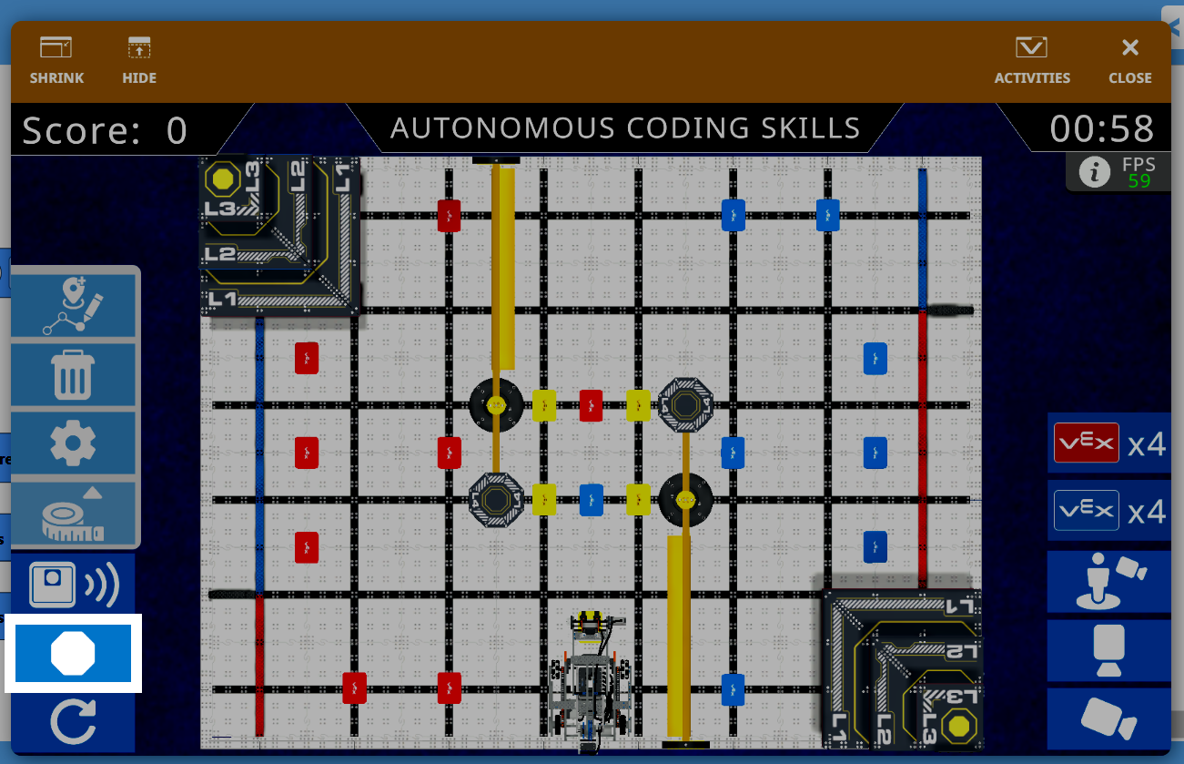 Autonomous Coding Skills match in progress, with the Stop icon highlighted in the toolbar.