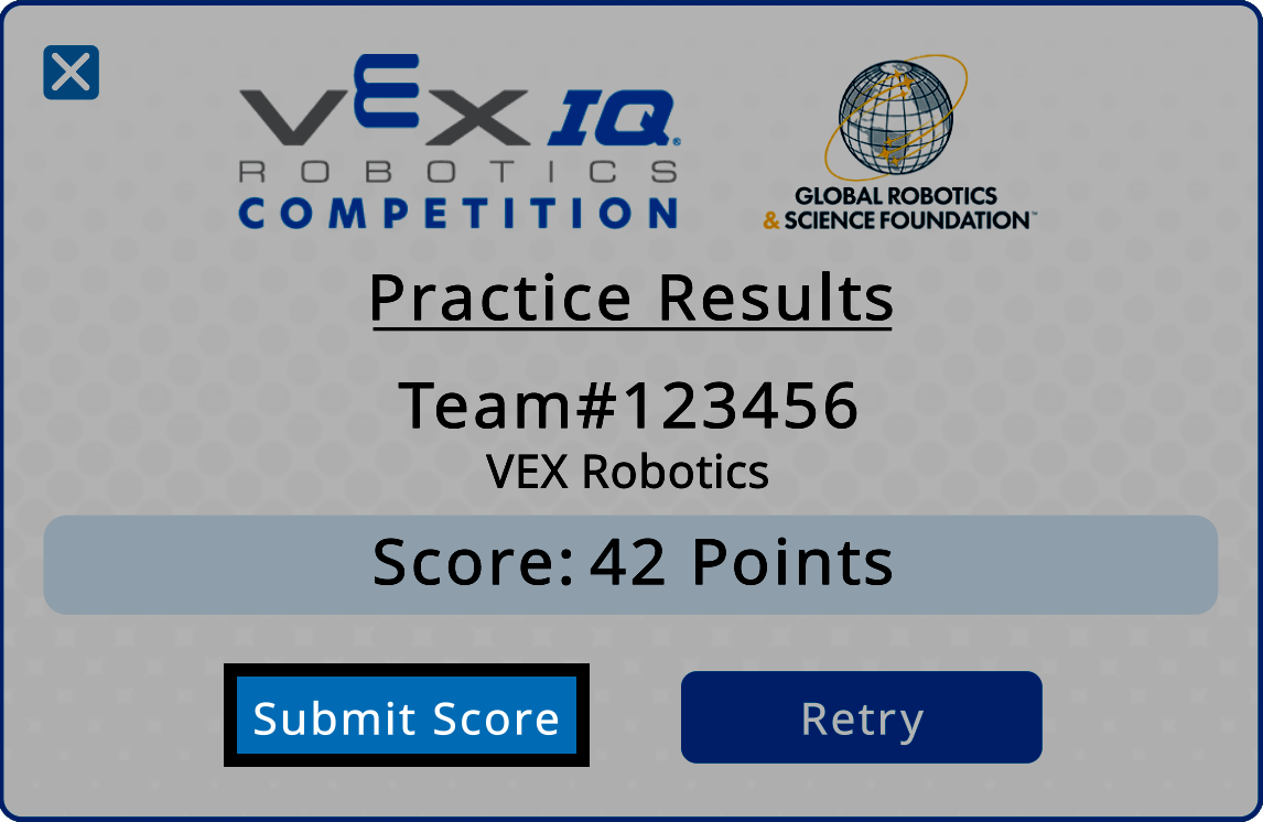 Practice Results screen with the Submit Score button highlighted.