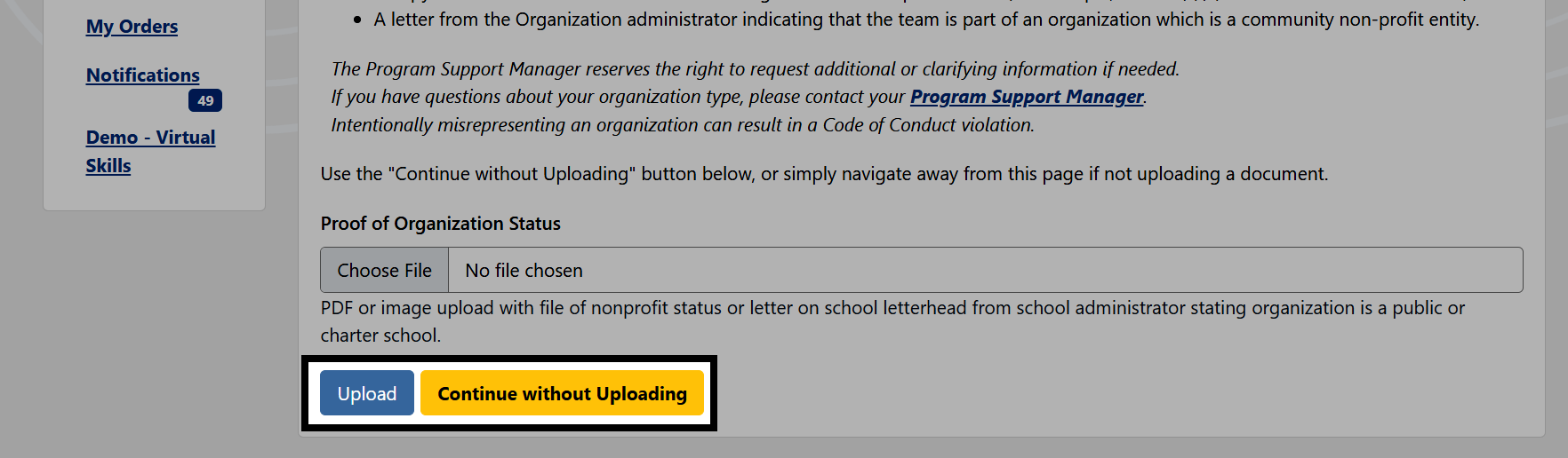 Team Organization Documents page in VEX Events, showing the Continue without Uploading button below the document requirements for School and Community / Non-Profit teams.