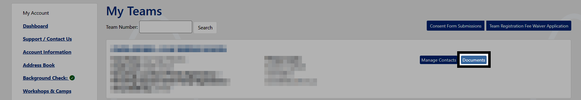 My Teams page in VEX Events, showing the Documents button for a team.