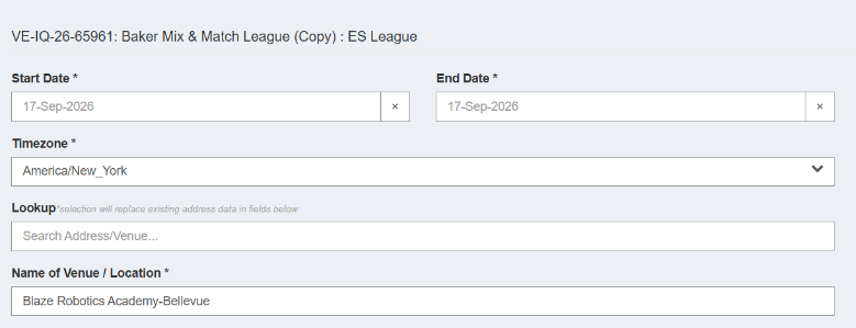 Event creation form on events.vex.com with the Start Date and End Date fields both set to the same date, above the Timezone and Name of Venue fields.