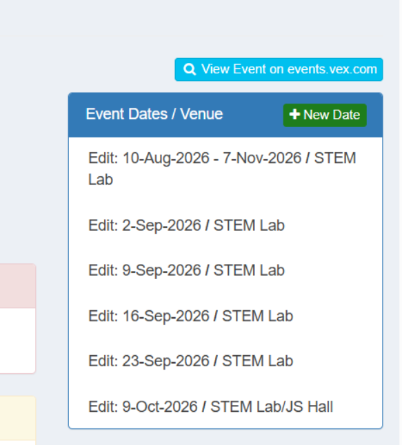 Event Dates and Venue panel on events.vex.com with the New Date button and a list of individually added session dates.