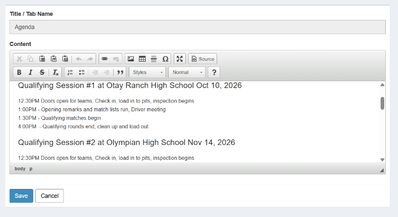 Agenda content block edit screen on events.vex.com with session times and details entered for multiple Ranking Sessions.