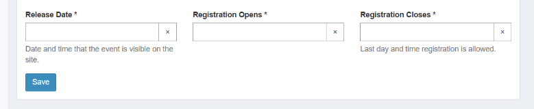 Event dates section on events.vex.com with the Release Date, Registration Opens, and Registration Closes fields.
