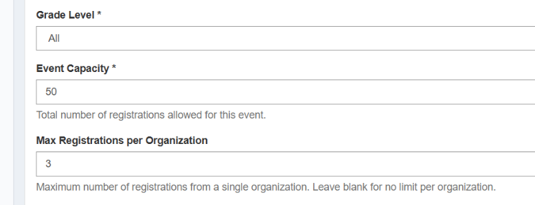 Event Capacity section on events.vex.com with the Grade Level, Event Capacity, and Max Registrations per Organization fields.